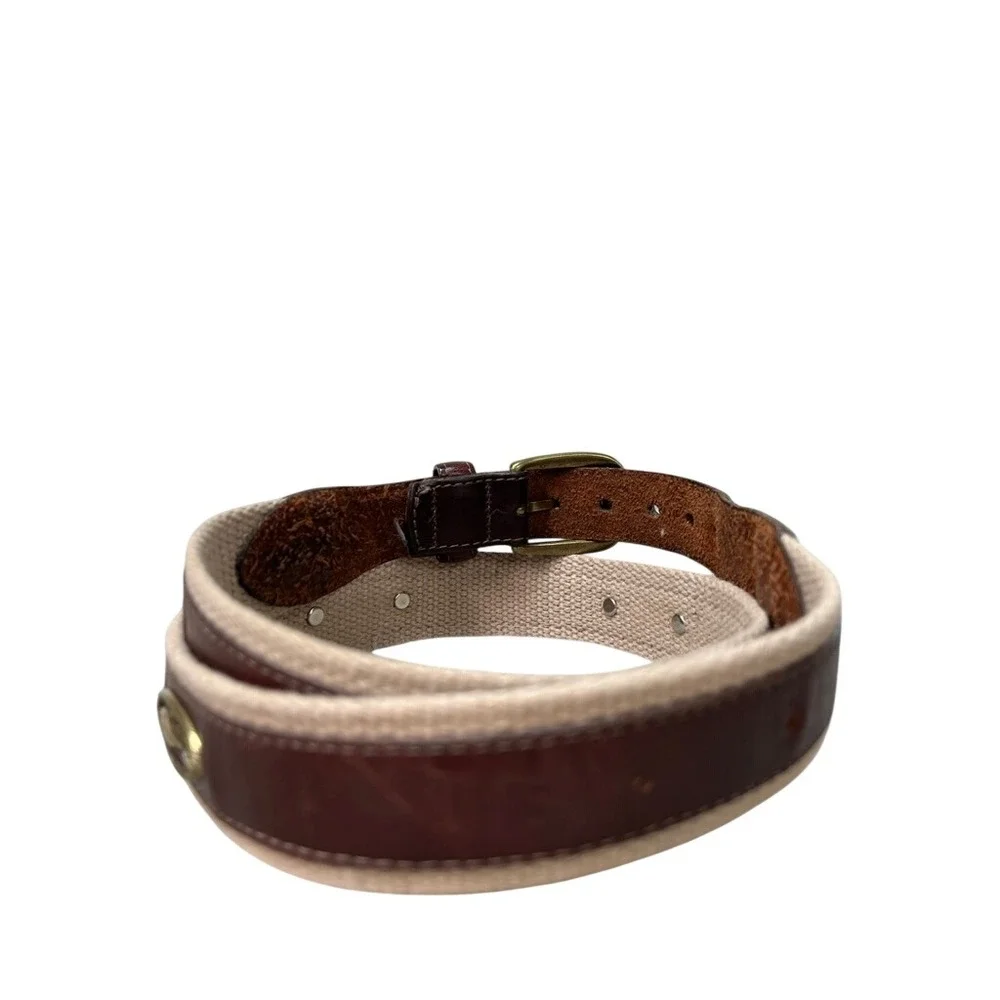 Southern Tide Mens Canvas Leather Skipjack Fish Belt Brown Tan Brass Buckle 36